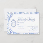 Cartons Réponse Monogramme de blason Delft Bleu Floral Script (Devant)