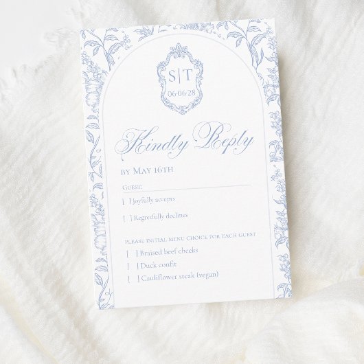Cartons Réponse Monogramme de blason Soft Delft bleu floral Script