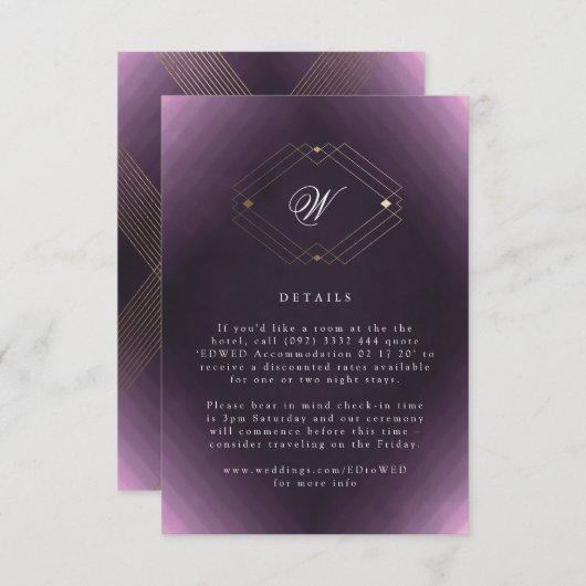 Cartons Réponse Monogramme de calligraphie violette classique Gold (Devant / Derrière)