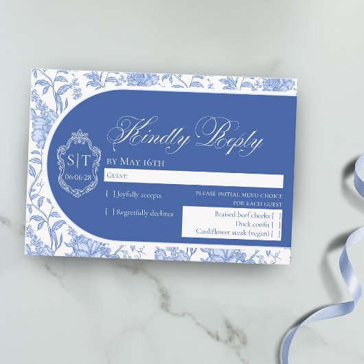Cartons Réponse Monogramme de crête Delft Bleu Floral Script