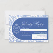 Cartons Réponse Monogramme de crête Delft Bleu Floral Script (Devant)