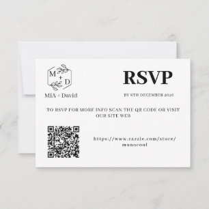 Cartons Réponse Monogramme de mariage élégant noir et blanc à code