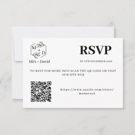 Cartons Réponse Monogramme de mariage élégant noir et blanc à code (Devant)