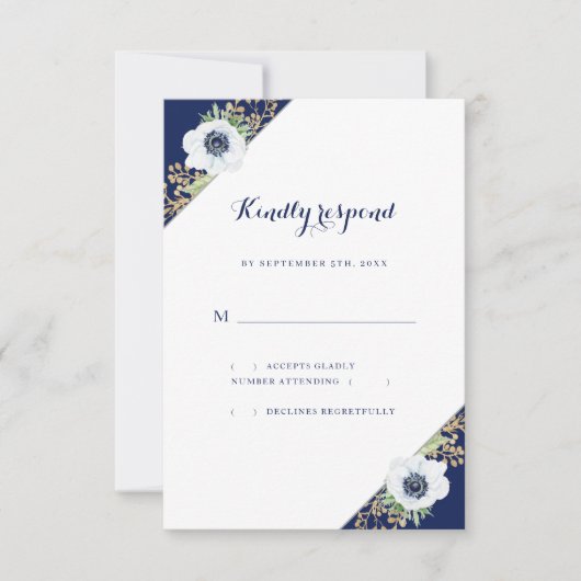 Cartons Réponse Monogramme Floral Anemone Bleu Blanc Mariage (Devant)