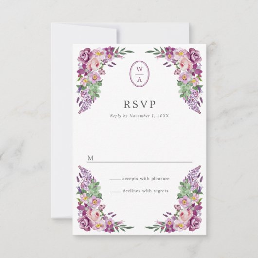 Cartons Réponse Monogramme Floral de Mariage (Devant)