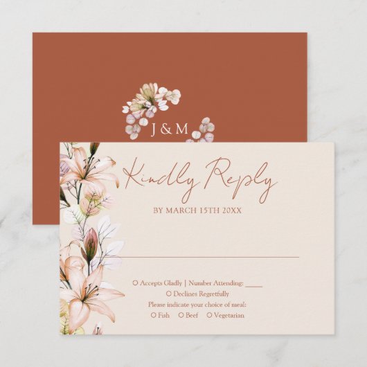 Cartons Réponse Monogramme floral rustique Mariage de automne en t (Devant / Derrière)