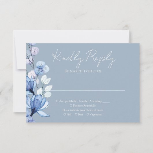 Cartons Réponse Monogramme floral transparent Mariage bleu Dusty (Devant)