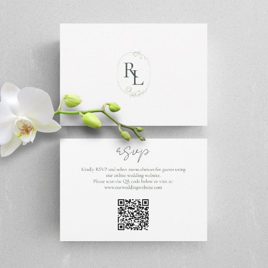 Cartons Réponse Monogramme floral vert foncé et blanc QR Mariage R