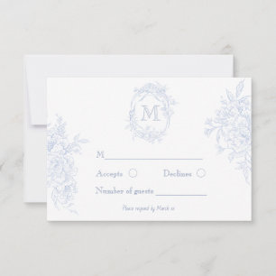 Cartons Réponse Monogramme initial Floral Toile bleu Mariage