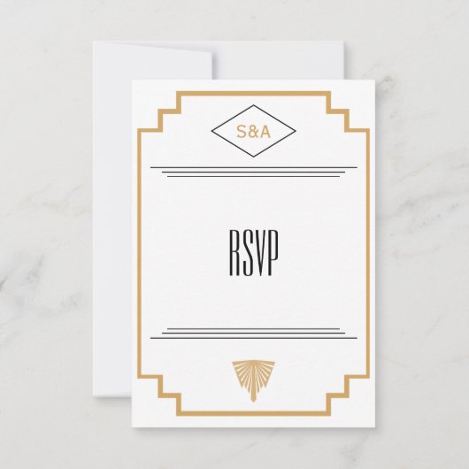 Cartons Réponse Monogramme Mariage Art déco noir, or et blanc (Dos)