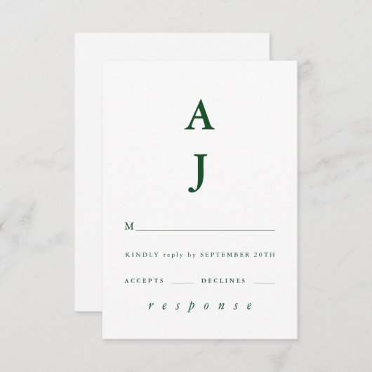 Cartons Réponse Monogramme minimal Mariage vert émeraude (Devant / Derrière)