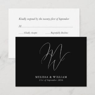 Cartons Réponse Monogramme moderne Elégant Mariage noir & blanc