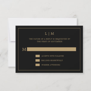 Cartons Réponse Monogramme noir et or simple Mariage élégant