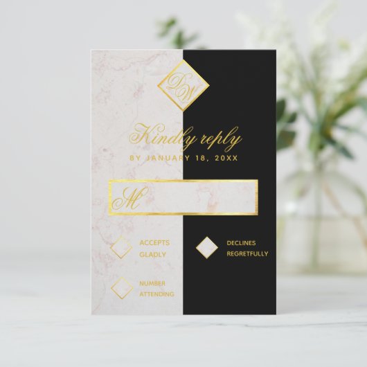 Cartons Réponse Monogramme Noir Marbre Blanc Or Mariage élégant (Debout devant)
