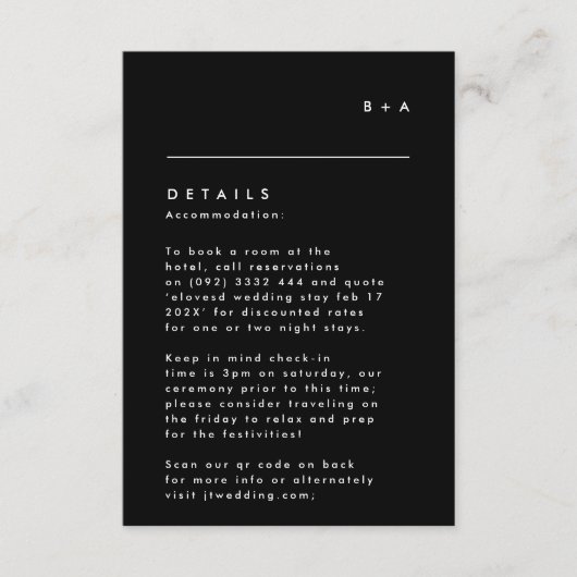 Cartons Réponse Monogramme noir moderne simple Hébergement (Devant)