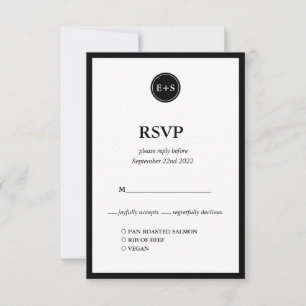 Cartons Réponse Monogramme   Options de repas de mariage noir et b