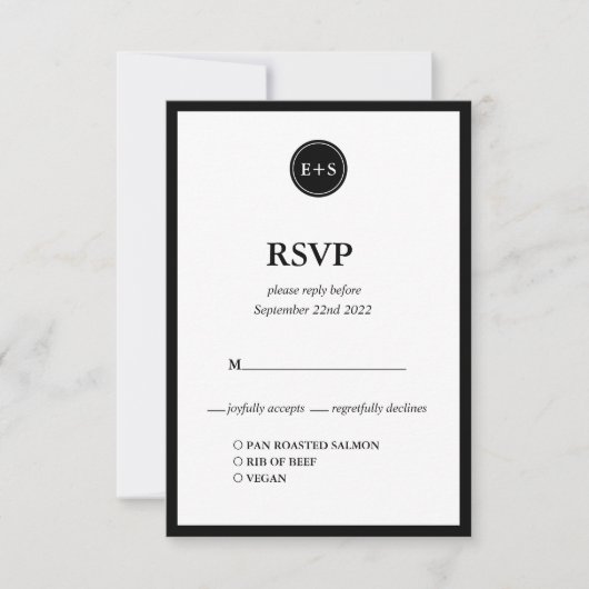 Cartons Réponse Monogramme | Options de repas de mariage noir et b (Devant)