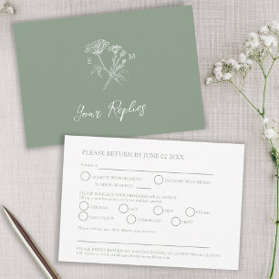 Cartons Réponse Monogramme vert fleur sauvage option mariage