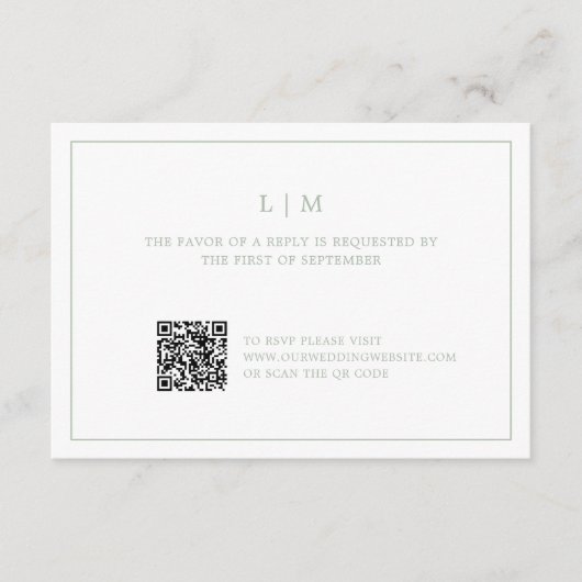 Cartons Réponse Monogramme vert Sage simple QR Code Mariage élégan (Devant)