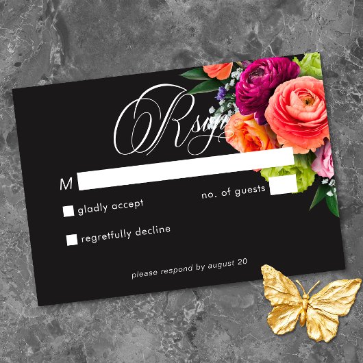 Cartons Réponse Moody Luxe Floral Vibrant Pink Black Wedding