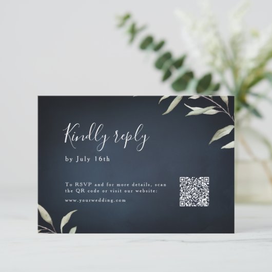 Cartons Réponse Moody marine minima verdure mariage QR code (Debout devant)