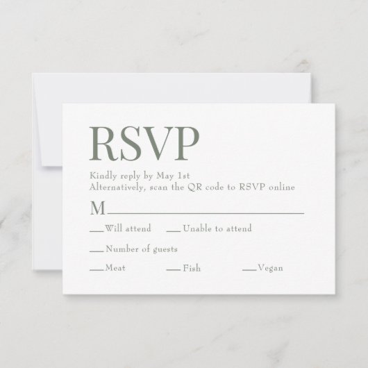 Cartons Réponse Moss Green Scan Qr Code Mariage de choix de repas (Devant)