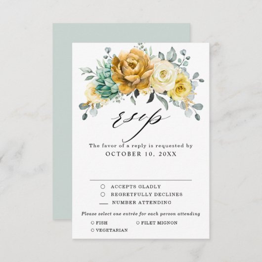 Cartons Réponse Mustard Jaune Floral Sage Vert Mariage moderne (Devant / Derrière)