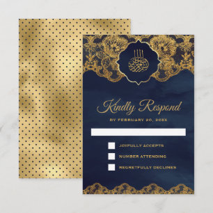 Cartons Réponse Navy Blue Gold Foil Lace Mariage Islamique