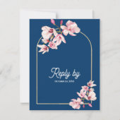 Cartons Réponse Navy Blue Pink Magnolia Floral Wedding Reply By (Devant)