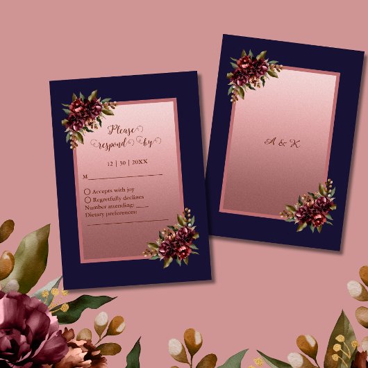 Cartons Réponse Navy Blue Rose Gold Script Burgundy floral wedding