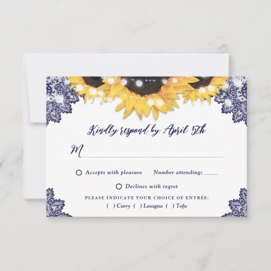 Cartons Réponse Navy Blue Rustic Lace Sunflower Wedding (Devant)