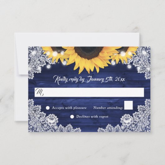 Cartons Réponse Navy Blue Rustic Wood Lace Sunflower Wedding (Devant)