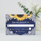Cartons Réponse Navy Blue Rustic Wood Lace Sunflower Wedding (Debout devant)