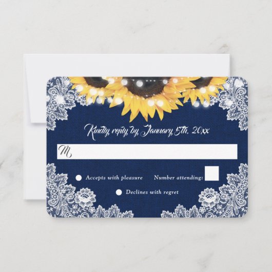 Cartons Réponse Navy Blue Sunflower Burlap Floral Lace Wedding (Devant)