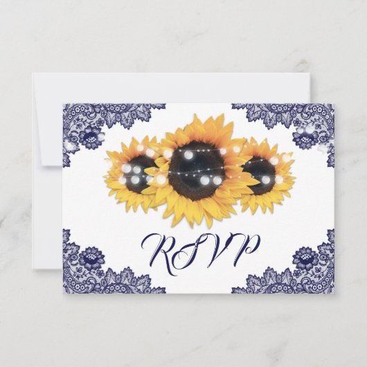 Cartons Réponse Navy Blue Sunflower Floral Lace Wedding (Devant)