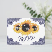 Cartons Réponse Navy Blue Sunflower Floral Lace Wedding (Debout devant)