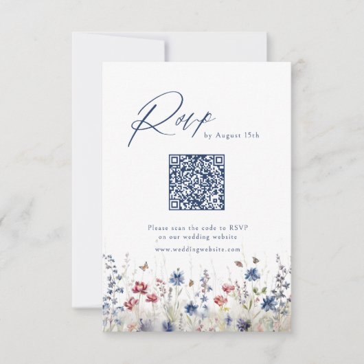 Cartons Réponse Navy Blue Wildflower Rustic Wedding QR code (Devant)