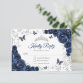 Cartons Réponse Navy Silver Floral Quinceanera Reply (Debout devant)