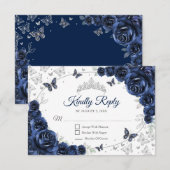 Cartons Réponse Navy Silver Floral Quinceanera Reply (Devant / Derrière)