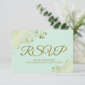 Cartons Réponse Neo Mint Green & Elegant Gold Lace Frilly Mariage (Debout devant)