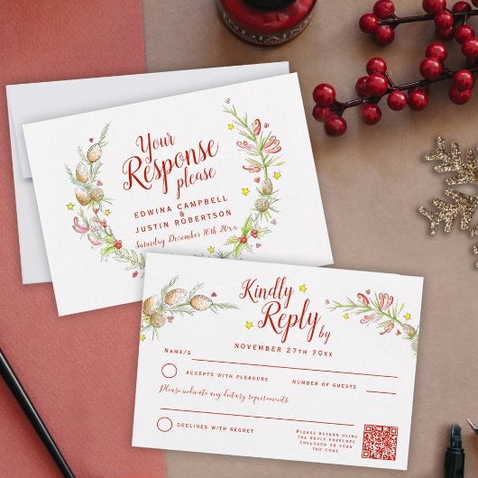 Cartons Réponse Noël hiver mariage fleuri art de la couronne QR