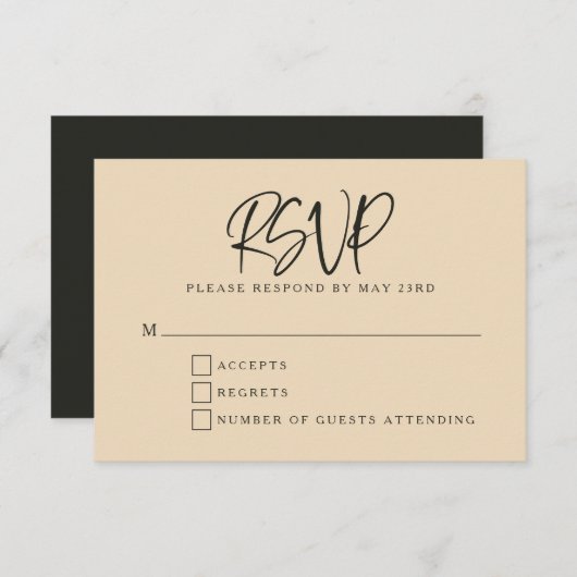 Cartons Réponse Noir Beige moderne Script Lettrer Mariage (Devant / Derrière)