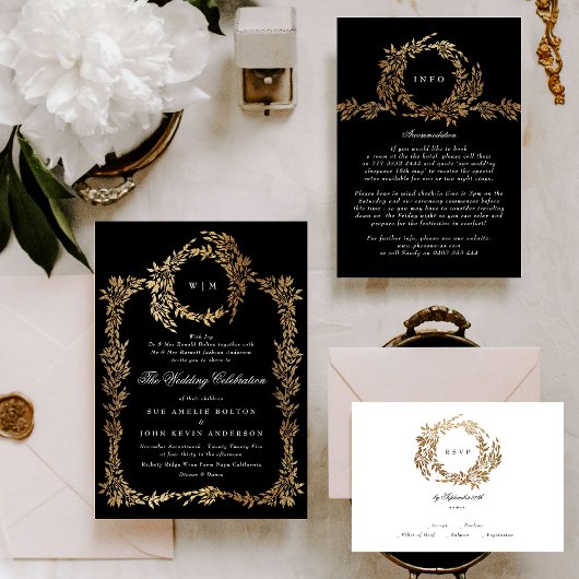 Cartons Réponse Noir Blanc Monogramme Crest Classique Mariage élég