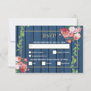 Cartons Réponse Nuit Bleue Bois Roses Roses & Or Mariage