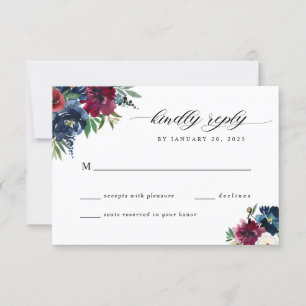 Cartons Réponse Nuit Bleue Burgundy Fleur Watercolor Mariage