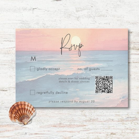 Cartons Réponse Ocean moderne Sunset Watercolor Beach Wedding QR