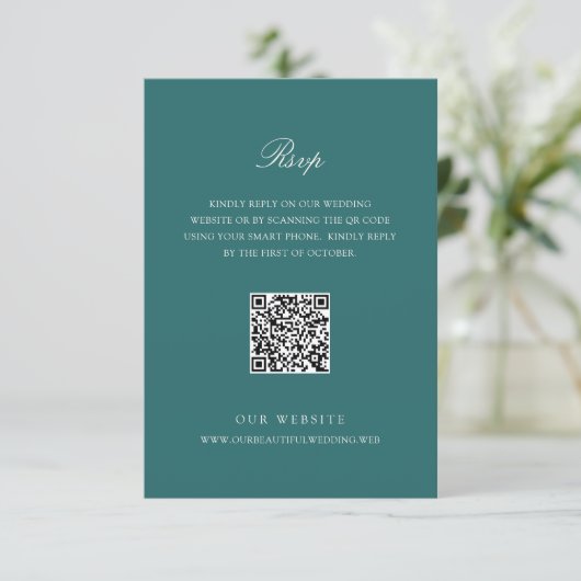 Cartons Réponse Old Money Teal Classic QR Code Wedding (Debout devant)