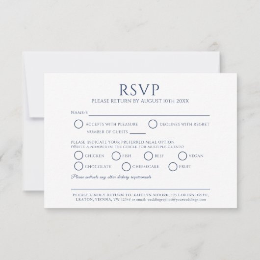 Cartons Réponse Option de repas à monogramme de feuille ovale bleu (Dos)