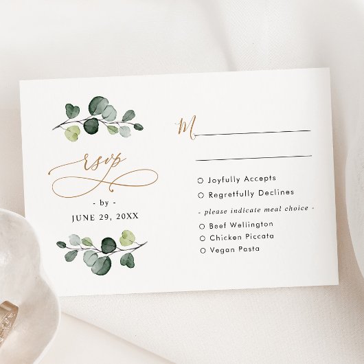 Cartons Réponse Options de repas dorés à l'eucalyptus rustique