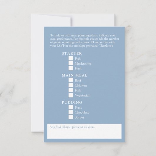 Cartons Réponse Options de repas mariage bleu pâle (Dos)